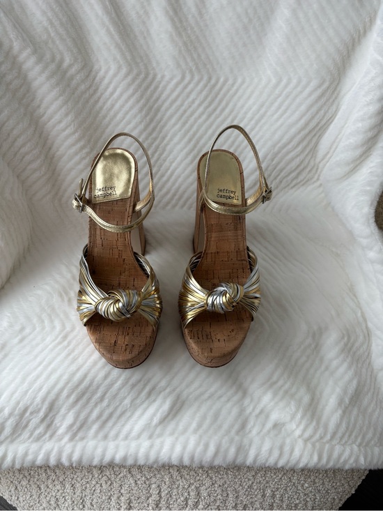 Jeffrey Campbell Shoes - Jeffrey Campbell Metallic Gold and Silver Knot Cork Wedge Sandals